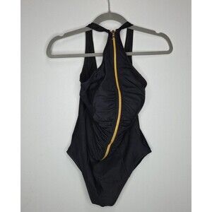 Miraclesuit Black One‑Piece Swimsuit Gold Front Zipper, Size 16 – Stylish & Slim